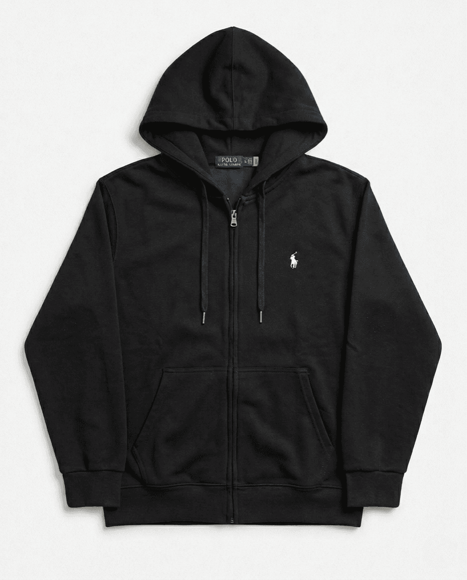 Hoodie Polo Ralph Lauren noir, vue front sur fond studio blanc
